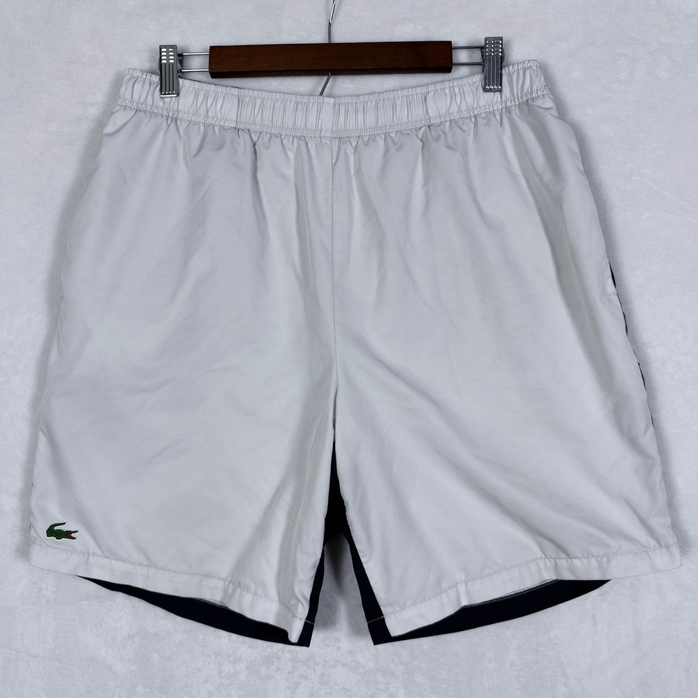 Lacoste Sport Mens GH8145 White Navy Blue Colorblock Athletic Shorts XL